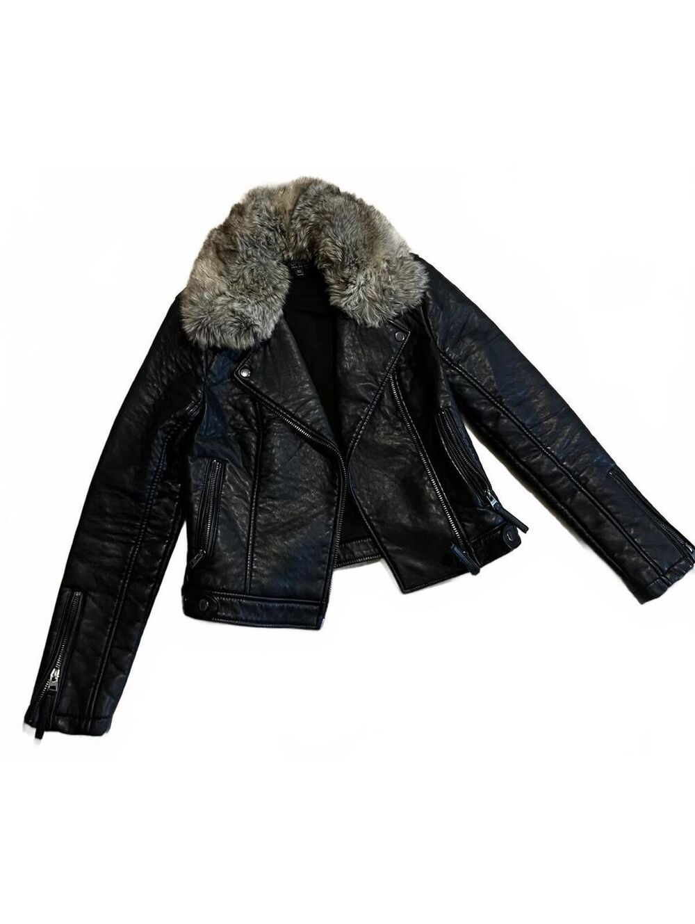 Topshop Black Faux Leather Jacket with Faux Fur Collar, Size US 2